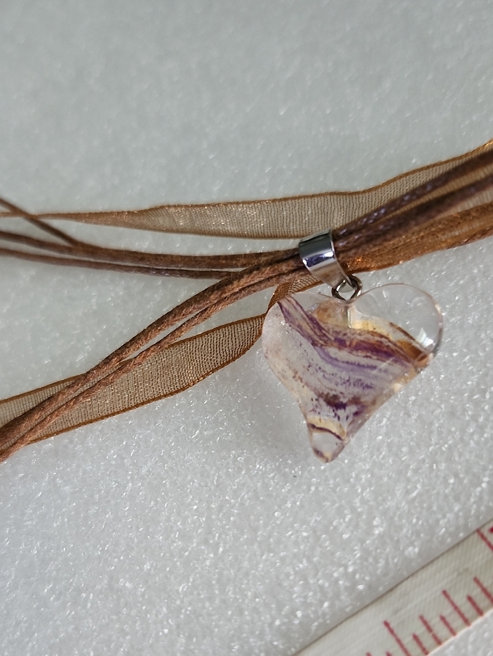 Hand Crafted Brown Ribbon Necklace with Purple-Accent Glass Heart Pendant